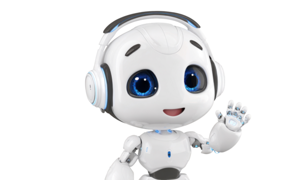 Friendly AI Companion: A cheerful robot companion with advanced technology welcomes the viewer with a friendly wave, symbolizing technological advancement and accessibility.