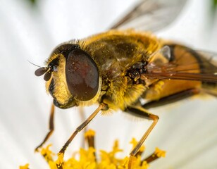 Close-up of a hoverfly dusted with pollen on a daisy-like bloom