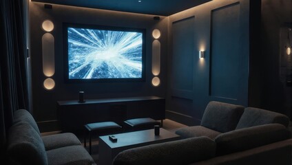 Dark, modern home theater with a large screen, soft lighting, and comfortable seating