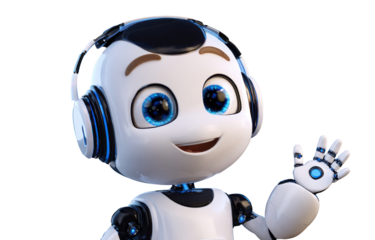Friendly Robot: A cheerful robot with advanced features, smiles and waves, showcasing the beauty of technological advancement.