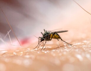 Close-up of a mosquito feeding on human skin. Detail of the process