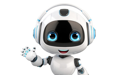 Fototapeta premium Friendly AI Assistant: A cheerful AI robot with expressive eyes and modern headphones, extending a welcoming hand. Capturing the essence of innovation and user-friendly technology.
