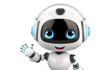 Friendly AI Assistant: A cheerful AI robot with expressive eyes and modern headphones, extending a welcoming hand.  Capturing the essence of innovation and user-friendly technology.