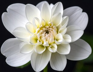 Close-up of a perfectly symmetrical white dahlia flower on black