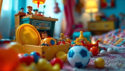Fototapeta premium A Colorful Childhood Vintage Toys Scattered in a Playroom