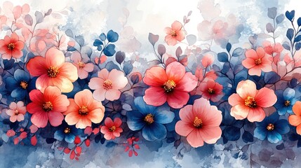 Delicate floral arrangement in soft pastel colors.  Clusters of vibrant blooms in shades of pink, peach, and red, contrasted with deep blues and muted greys. 