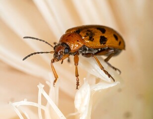 Close-up of a small, orange spotted beetle on a pale, fluffy surface