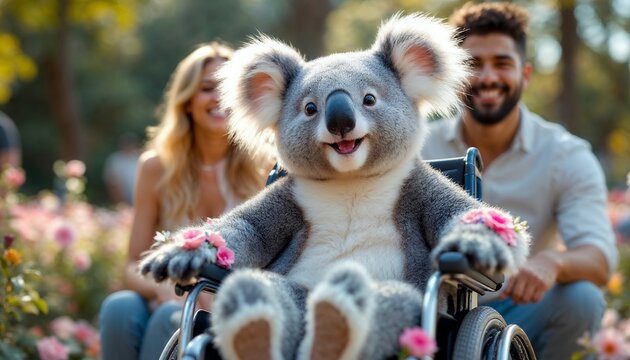 Adorable Koala in Wheelchair with Friends in a Garden - Powered by Adobe