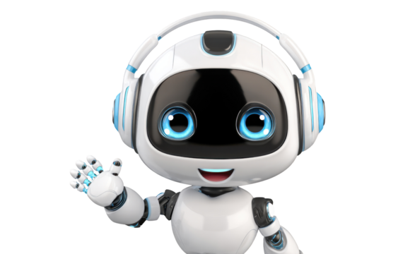 Friendly AI Assistant: A cheerful AI robot with expressive eyes and modern headphones, extending a welcoming hand.  Capturing the essence of innovation and user-friendly technology.