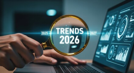 Magnifying glass reveals future trends 2026 on digital data display