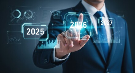 Businessman interacting with futuristic digital interface showing future years and data