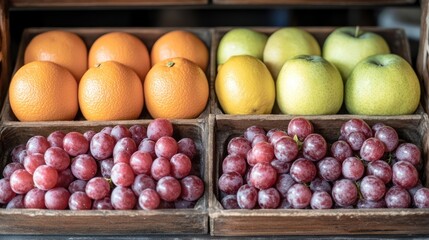 Fresh oranges, apples, and grapes in wooden crates.