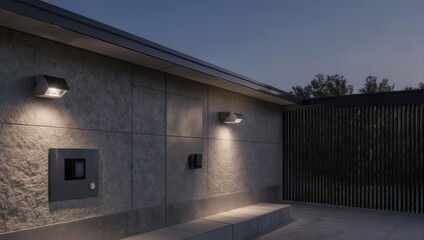 Exterior night scene showing a modern concrete building with exterior lighting fixtures illuminating a wall