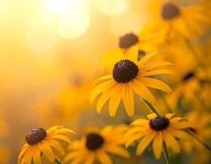 Close-up of bright yellow flowers with dark centers bathed in sunlight