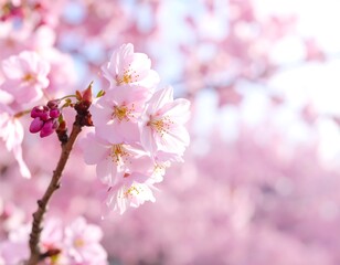 Close-up of delicate pink blooms, soft focus, sunny sky