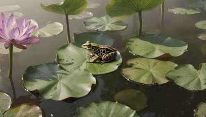 Frog resting on lilypad amidst pond, next to a lotus flower and other lilypads. Soft light