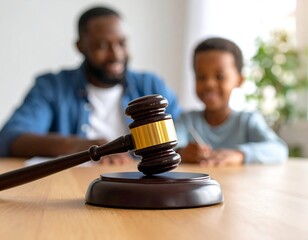 Close-up of gavel on table with blurred father and son in background