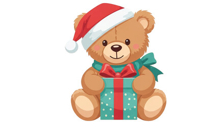 Adorable cartoon teddy bear with a Santa hat holding a Christmas gift.