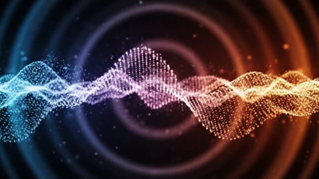 An abstract digital illustration features two dynamic oscillating waves of glowing particles in a dark space Colors transition from blue on the left to orange on the right with blurred light rings