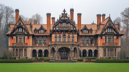 Grand architectural facade features intricate detailing on red brick, stone and autumnal grounds.