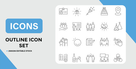 Outline Icon Set Featuring Business Celebration and Teamwork Elements in Vector Format