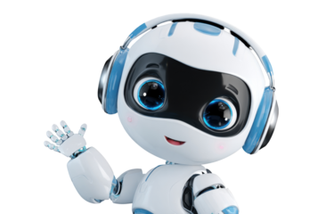 Friendly Robot: A cheerful robot character, with headphones, waving a mechanical hand in a welcoming gesture, exuding a sense of approachability and technological advancement.