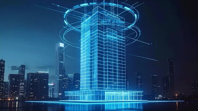 Futuristic digital twin of a skyscraper, a glowing blue holographic projection over a modern city skyline representing smart building technology