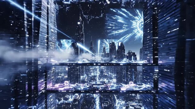 Futuristic cityscape at night with glowing blue energy, towering skyscrapers, and abstract digital symbols in a high-tech urban landscape.