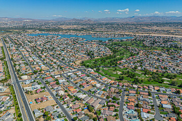 Victorville, Los Angeles LA County, CA, California, September 28, 2025: Aerial Drone City View toward Spring Valley Lake, Ridgecrest Rd, Bear Valley Country Club, Houses, Streets, Townhomes  © HunYoung