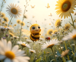 Cute Bee and Ladybug in a Sunny Flower Field