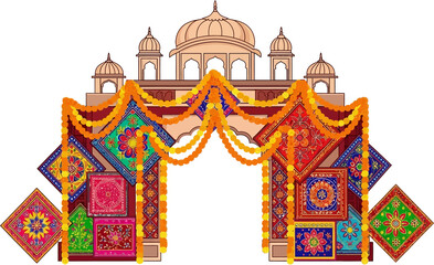 Vibrant Indian Wedding Arch with Floral Garlands and Decorative Textiles Illustration