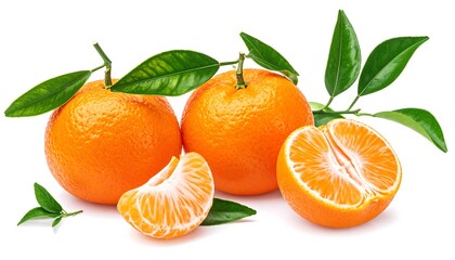 Fresh Ripe Tangerines with Green Leaves on White Background.