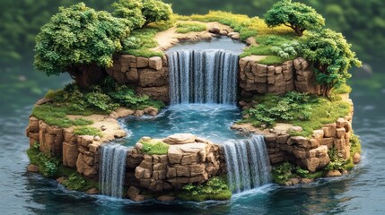 Lush, idyllic island with cascading waterfalls, surrounded by vibrant greenery and calm waters.