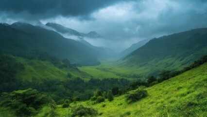Fototapeta premium Landscape photo of lush green valley with dramatic stormy sky, mountains and verdant greenery creating aweinspiring natural beauty.