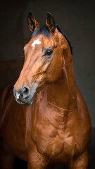 Obraz premium Close-up of a regal horse with a chestnut coat, dark mane, and attentive gaze. A white blaze marks its forehead