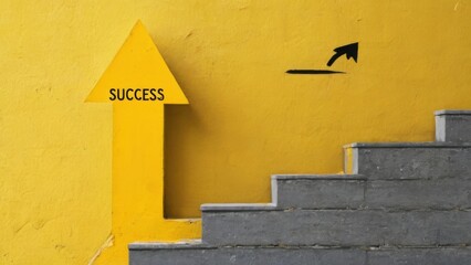 Stairs leading to success with yellow arrow and weathered concrete steps against solid yellow background.