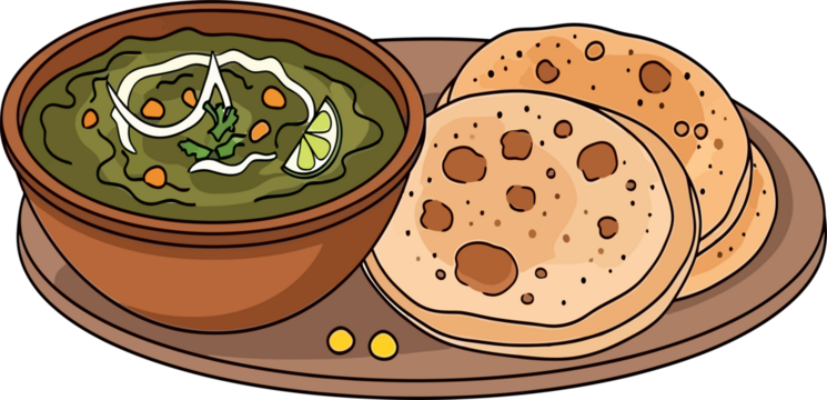 Traditional Indian Palak Paneer (Spinach Curry) with Roti Flatbreads on a Wooden Plate Illustration - Powered by Adobe