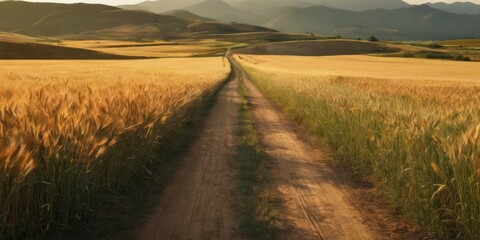 Fototapeta premium Golden Wheat Field Landscape with Rolling Hills and Sunset Sky, Serene Countryside Scenery