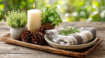 A rustic and natural home decor centerpiece with lit candles, pinecones, and fresh greenery on a decorative tray, creating a cozy hygge atmosphere
