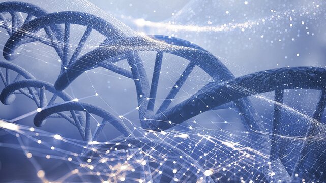 Spiral DNA double helix structure on blue background.