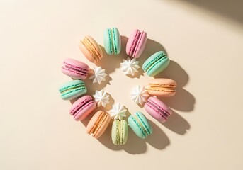 Colorful macarons arranged in a circle with delicate white flowers