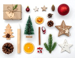 Christmas ornaments and festive items artfully arranged on white