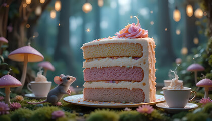 ​A charming little mouse marvels at a towering slice of layered cake, adorned with delicate frosting and sprinkles, set within a fantastical enchanted forest tea party scene.
