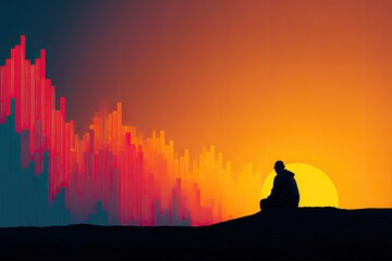 Silhouette figure sits on hilltop at vibrant sunset, abstract graphical background