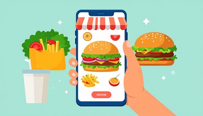 user's hand ordering fast food on smartphone app, illustration for food and restaurant ordering, mobile delivery and online takeaway service