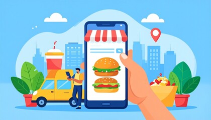 user's hand ordering fast food on smartphone app, illustration for food and restaurant ordering, mobile delivery and online takeaway service