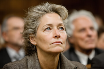 Mature woman attending event with thoughtful expression among audience