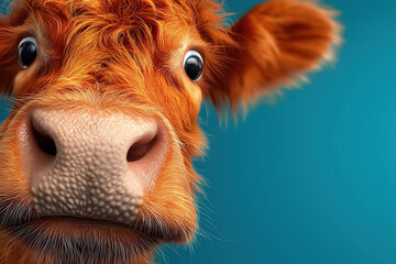 Curious orange cow with fluffy ears on blue background