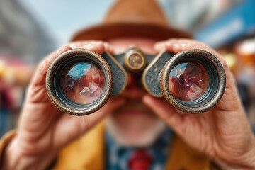 Elderly man observing through binoculars on a busy street