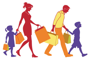 Family shopping together silhouette vector illustration isolated on white background